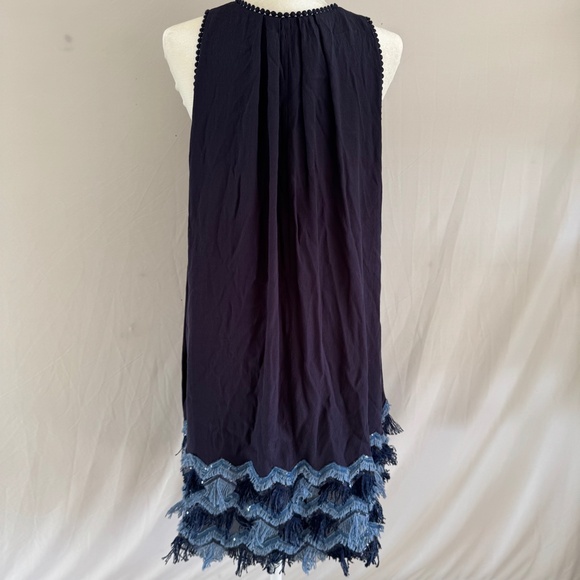 Maeve Navy Sleeveless Dress Size 14 Boho Fringe Hem Keyhole Neck - Picture 4 of 10